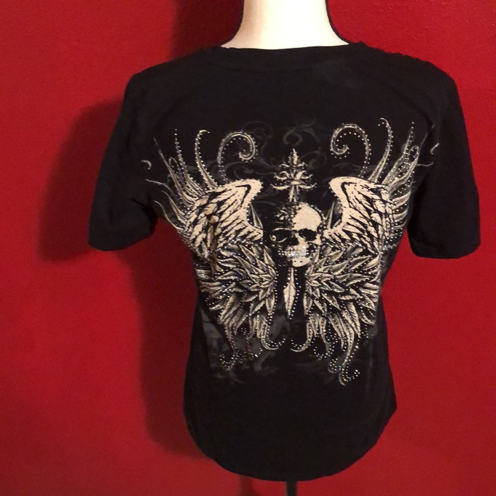 NWT LA by Bus Stop/Platinum Plush Sz 1x black embellished skull tee BLING!!